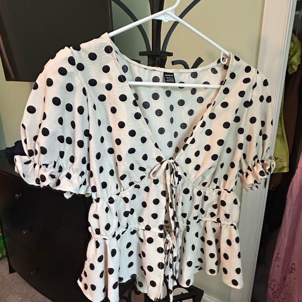 SHEIN White and Black Polka Dot Tie-Front Peplum Blouse